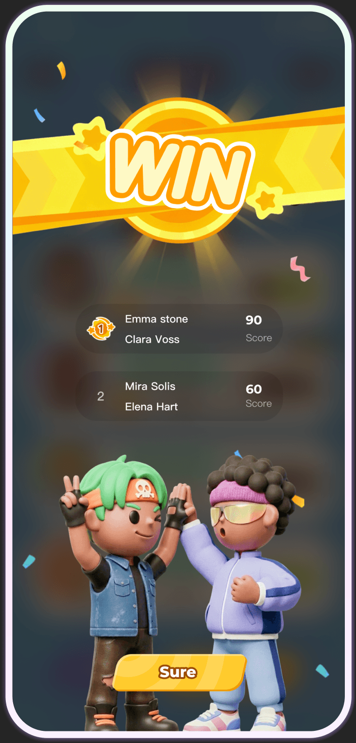 Chumi app victory screen showing team scores and celebration