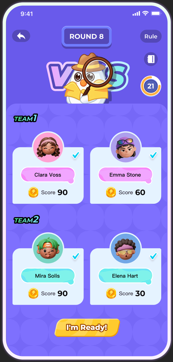 Chumi app team selection screen for Round 8