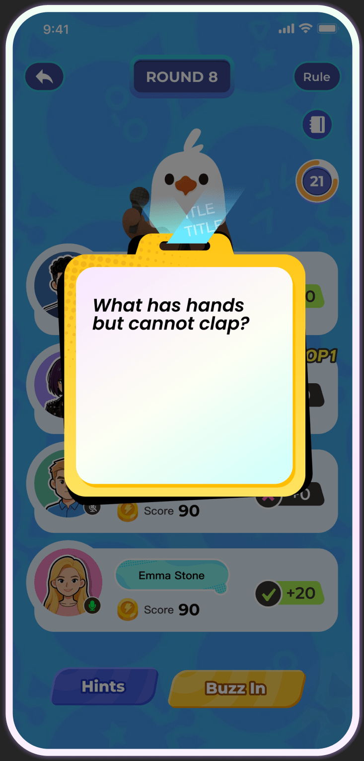 Chumi app trivia gameplay screen with hints and buzz in buttons